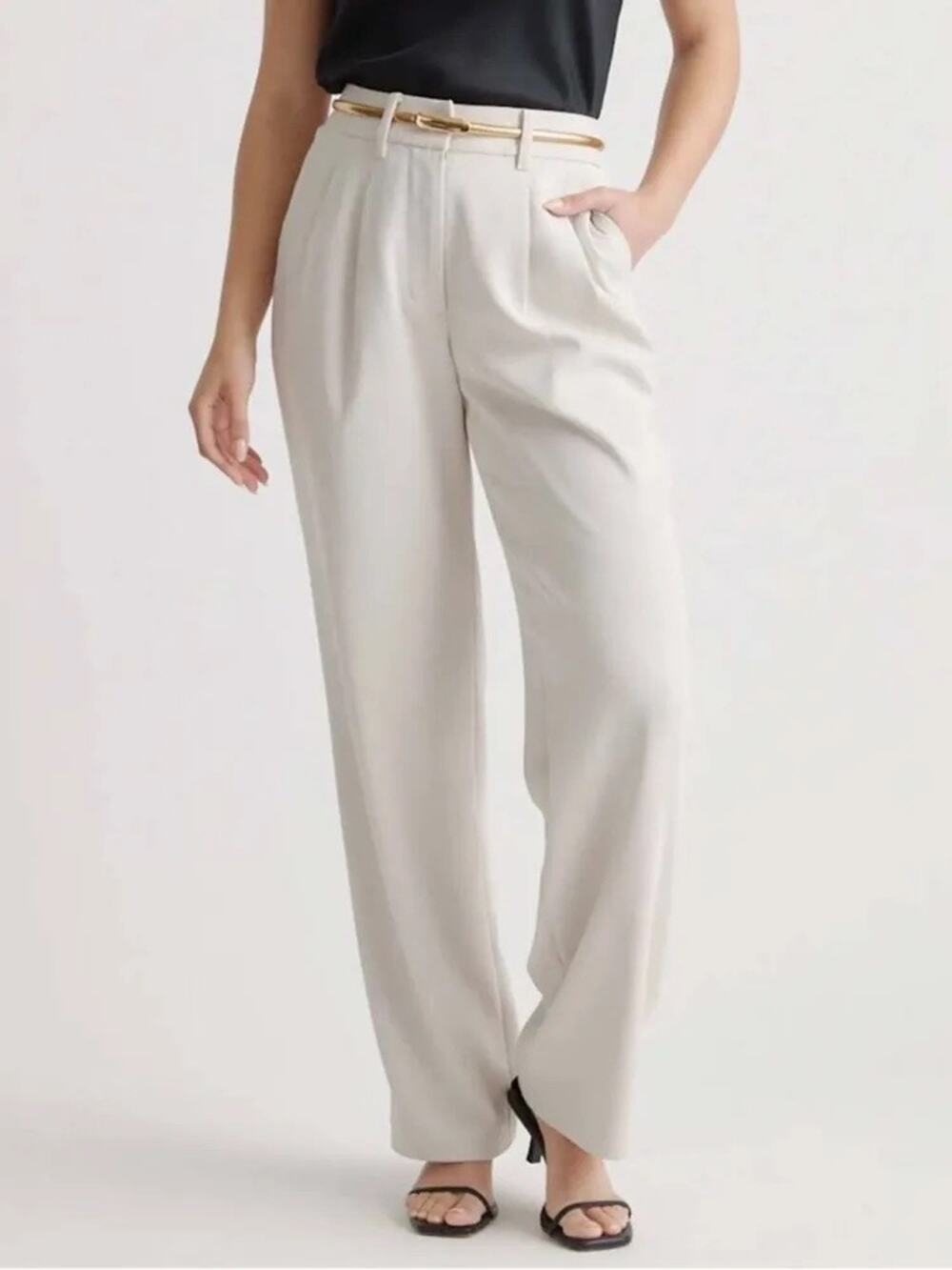 Quince Stretch Crepe Pleated Wide Leg Pants in Sand NWT Size 12 Career Business